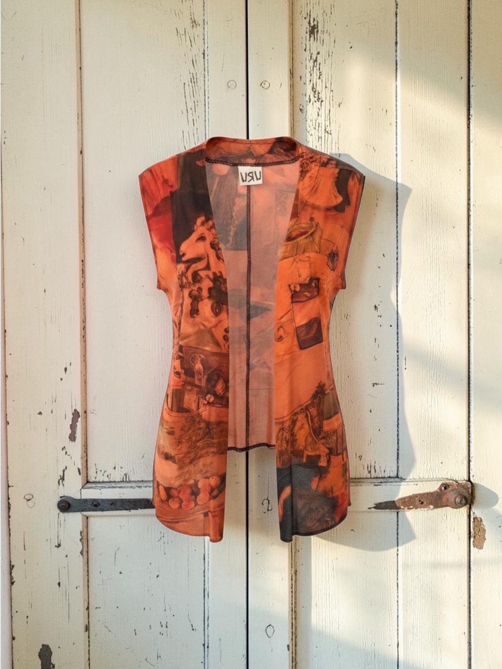 Uru 100% Silk Vintage Orange Printed Open-Front Women's Top